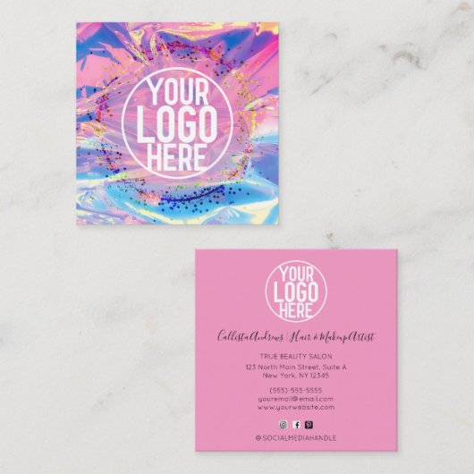 Paarse Roze Holograaf Glitter Confetti Logo Vierkante Visitekaartje (Voorkant / Achterkant)