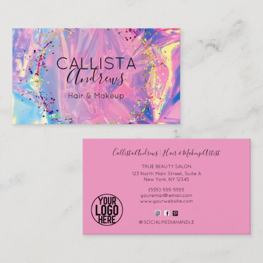 Paarse Roze Holograaf Glitter Confetti Salon Busin Visitekaartje (Voorkant / Achterkant)