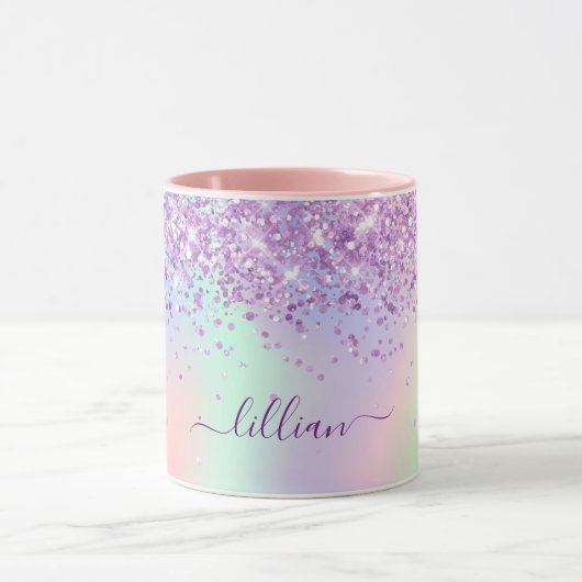 Paarse roze holografische naam script mok (Midden)