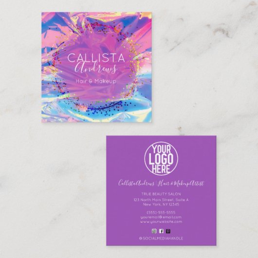 Paarse Roze Holograph Glitter Confetti Salon Squar Vierkante Visitekaartje (Voorkant / Achterkant)