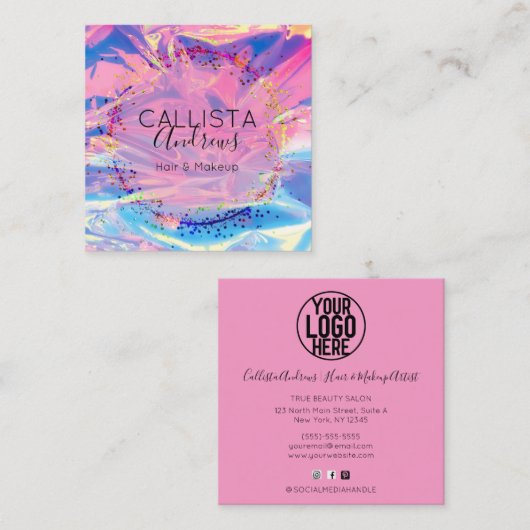 Paarse Roze Holograph Glitter Confetti Salon Squar Vierkante Visitekaartje (Voorkant / Achterkant)