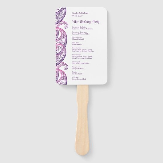 Paarse & Roze Indische Paisley Huwelijksprogramma Handwaaier (Voorkant)