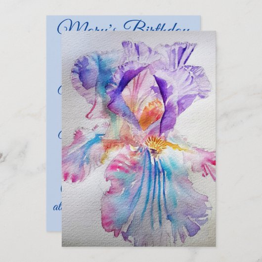 Paarse roze iris aquarel verjaardagsuitnodiging kaart (Voorkant / Achterkant)