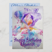 Paarse roze iris aquarel verjaardagsuitnodiging kaart (Voorkant / Achterkant)