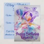 Paarse Roze Iris Watercolour Verjaardagsuitnodigin Kaart (Voorkant / Achterkant)