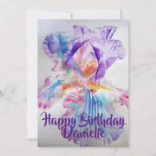 Paarse Roze Iris Watercolour Verjaardagsuitnodigin Kaart