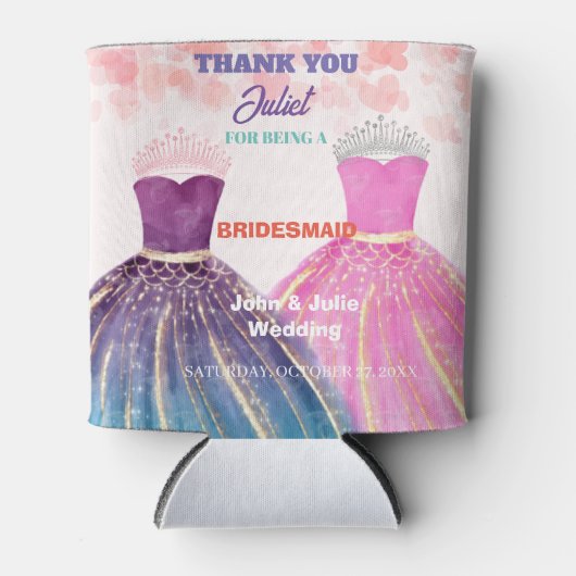 Paarse roze jurk en juweel kroon bruidsmeisje cade blikjeskoeler (Voorkant)