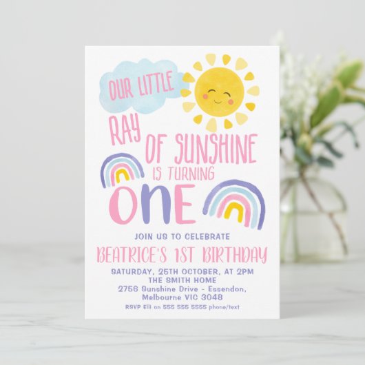 Paarse roze kleine straal van de zon 1e verjaardag kaart (Staand voorkant)