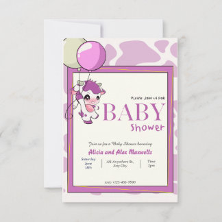 Paarse Roze Koe met Ballon baby shower Kaart