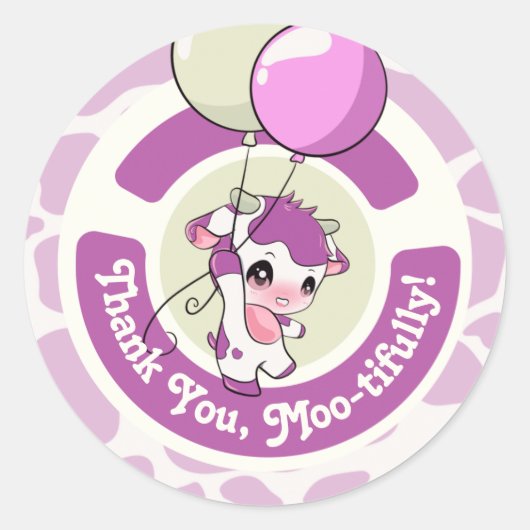 Paarse Roze Koe Patroon Dank u Ronde Sticker (Voorkant)