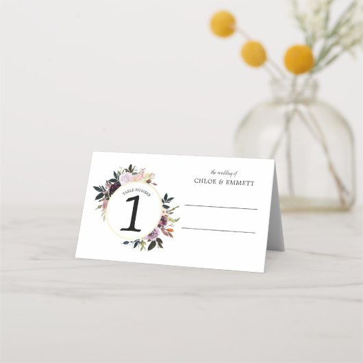 Paarse roze krans bruiloft gevouwen plaats kaart plaatskaartje (Voorkant)