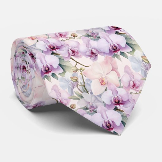 Paarse Roze Lavendel Lichtblauwe Pastel Orchideeën Stropdas (Opgerold)