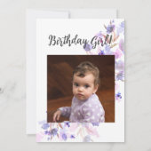 Paarse roze lavender Flower First Birthday Foto Kaart (Achterkant)