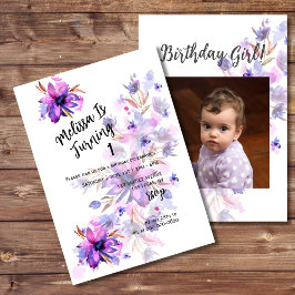 Paarse roze lavender Flower First Birthday Foto Kaart