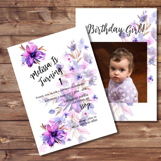 Paarse roze lavender Flower First Birthday Foto Kaart