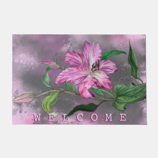 Paarse Roze Lelie Bloemen Deurmat Welkomsttekst (Voorkant)