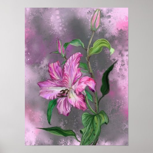 Paarse Roze Lelie Bloemen Poster Schilderen (Voorkant)