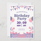 Paarse & Roze Leuke Verjaardagsfeestuitnodiging Kaart (Voorkant)