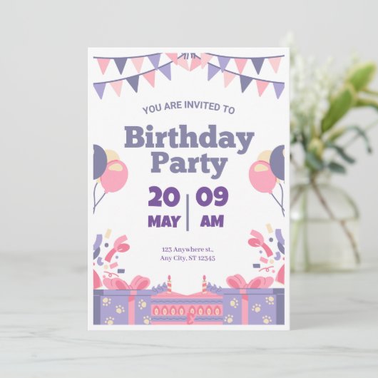 Paarse & Roze Leuke Verjaardagsfeestuitnodiging Kaart (Staand voorkant)