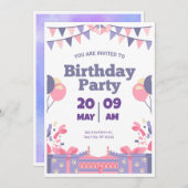 Paarse & Roze Leuke Verjaardagsfeestuitnodiging Kaart (Voorkant / Achterkant)