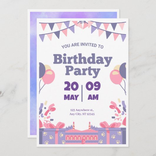 Paarse & Roze Leuke Verjaardagsfeestuitnodiging Kaart (Voorkant / Achterkant)