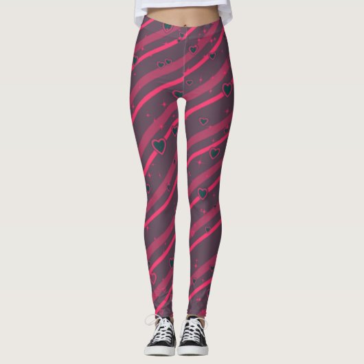 Paarse & roze lijnen & harten leggings (Voorkant)