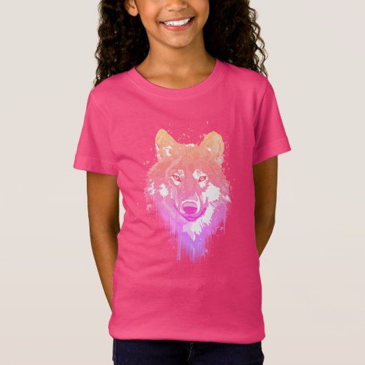 Paarse roze Lila Neon Waterverven Spletters Wolf T-shirt (Voorkant)