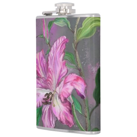 Paarse roze Lily Flowers Lilies schilderen Heupfles (Links)