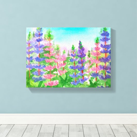 Paarse Roze Lupines Waterverf Bloemen Canvas Afdruk (Insitu (Houten vloer))