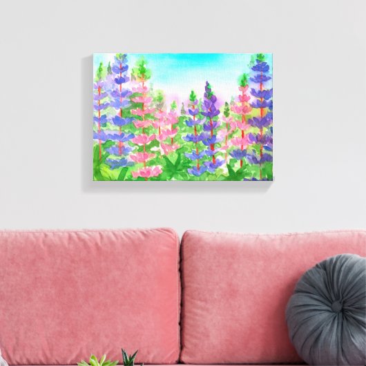 Paarse Roze Lupines Waterverf Bloemen Canvas Afdruk (Insitu (Woonkamer))