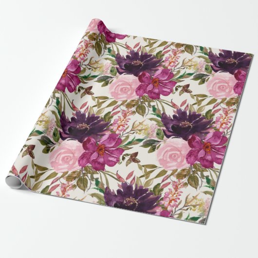 Paarse roze magenta Waterverf Floral Cadeaupapier (Uitgerold)