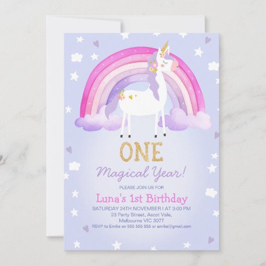 Paarse Roze Magisch Jaar Eenhoorn 1e Verjaardag Kaart (Voorkant)