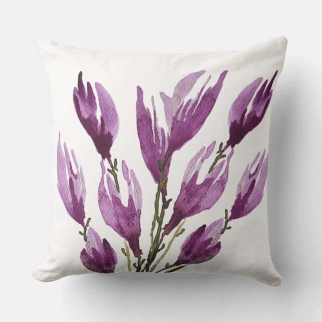 Paarse Roze Magnolia Bloemen Waterverf Kussen (Voorkant)