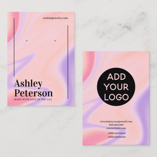 Paarse roze marmer regenboogscript oorscherm visitekaartje (Voorkant / Achterkant)