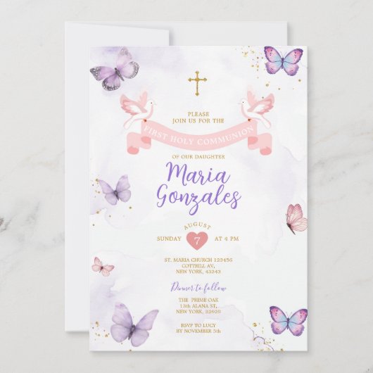 Paarse & Roze Meisje Eerste Heilige Communie Vlind Kaart (Voorkant)