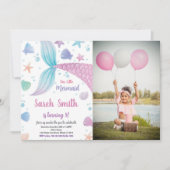 Paarse roze mermaid tail Birthday Invitation phot Kaart (Voorkant)