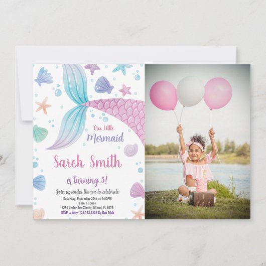 Paarse roze mermaid tail Birthday Invitation phot Kaart (Voorkant)