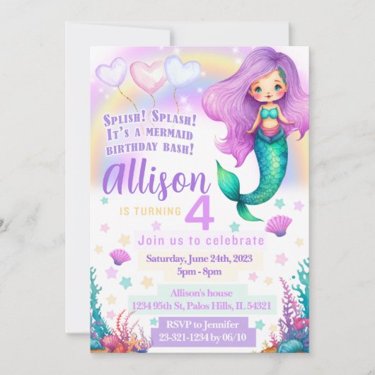 Paarse roze mermaïde verjaardagsuitnodiging kaart (Voorkant)