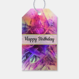 Paarse roze Modern Abstract Fractal Happy Birthday Cadeaulabel