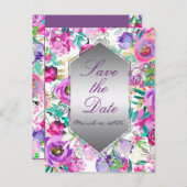 Paarse Roze Moderne Bloemige Trouw Save the Date Aankondigingskaart (Voorkant / Achterkant)