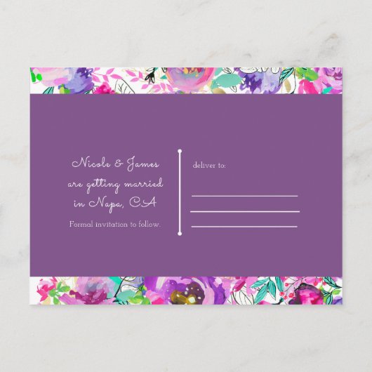 Paarse Roze Moderne Bloemige Trouw Save the Date Aankondigingskaart (Achterkant)