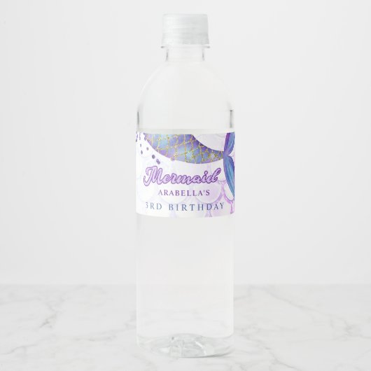 Paarse roze moderne glitter zeemeermin verjaardag waterfles etiket (Voorkant)
