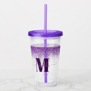 Paarse roze, moderne glittersparkle monogram  acryl drinkbeker