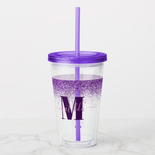 Paarse roze, moderne glittersparkle monogram acryl drinkbeker (Voorkant)