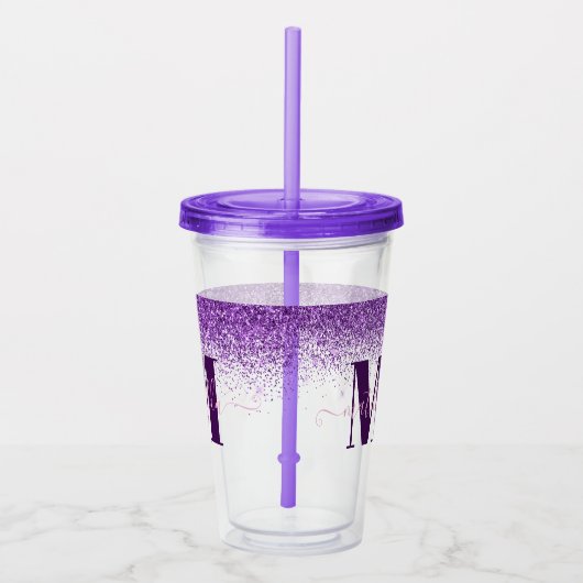 Paarse roze, moderne glittersparkle monogram acryl drinkbeker (Rechts)