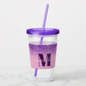 Paarse roze, moderne glittersparkle monogram  acryl drinkbeker (Achterkant)