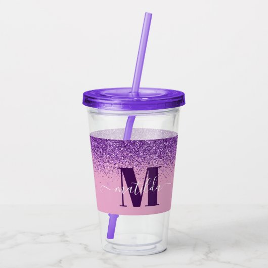 Paarse roze, moderne glittersparkle monogram  acryl drinkbeker (Achterkant)