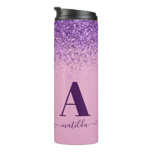 Paarse roze, moderne glittersparkle monogram thermosbeker
