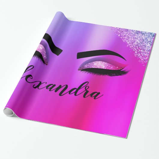 Paarse roze monogram Glitter Eyelashes Modern Cadeaupapier (Uitgerold)