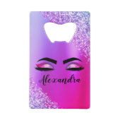 Paarse roze monogram Glitter Eyelashes Modern Creditkaart Flessenopener (Voorkant)